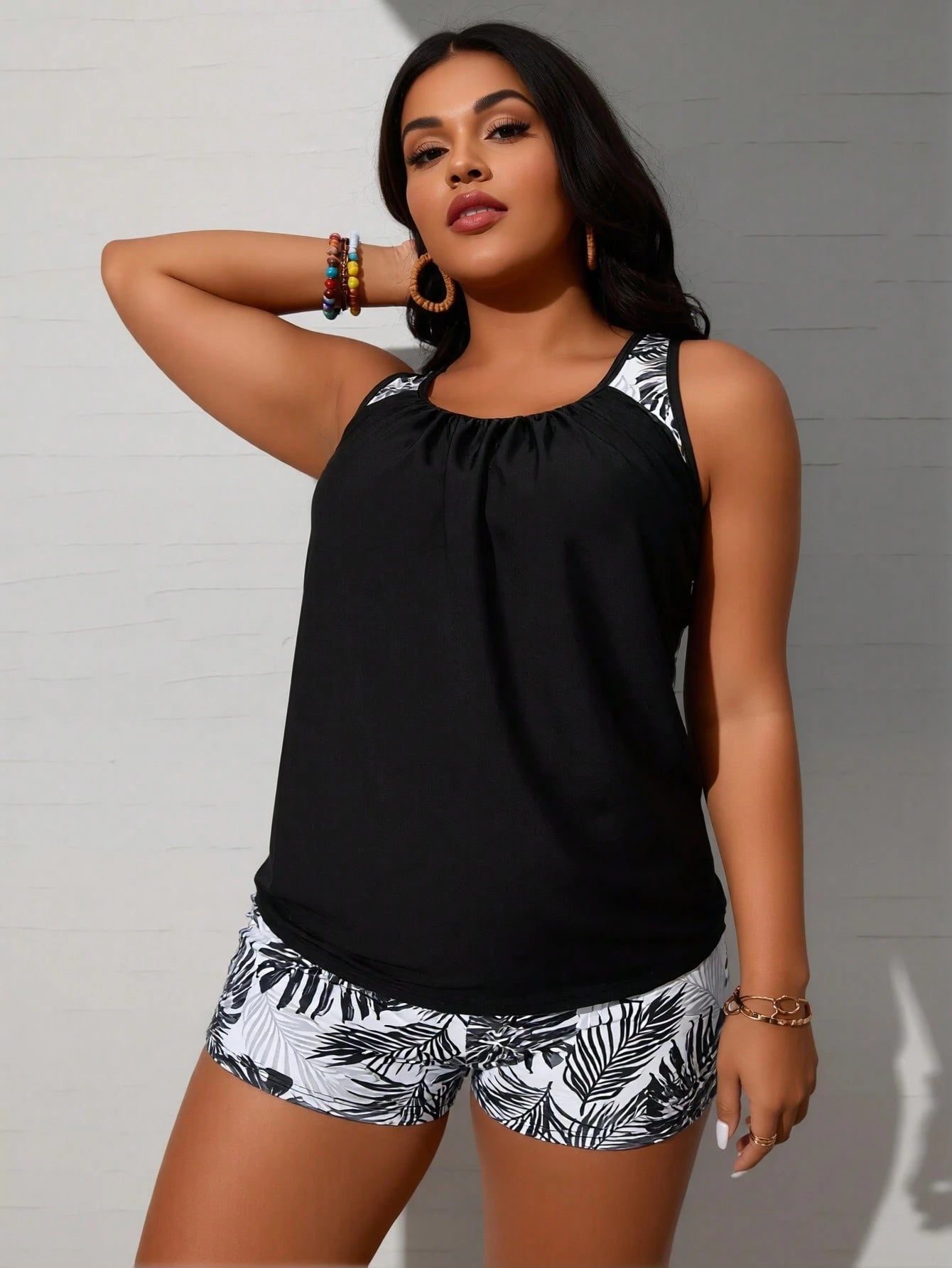 Plus Size Black Palm Leaf Print Racerback Tankini Swimsuits For Women
