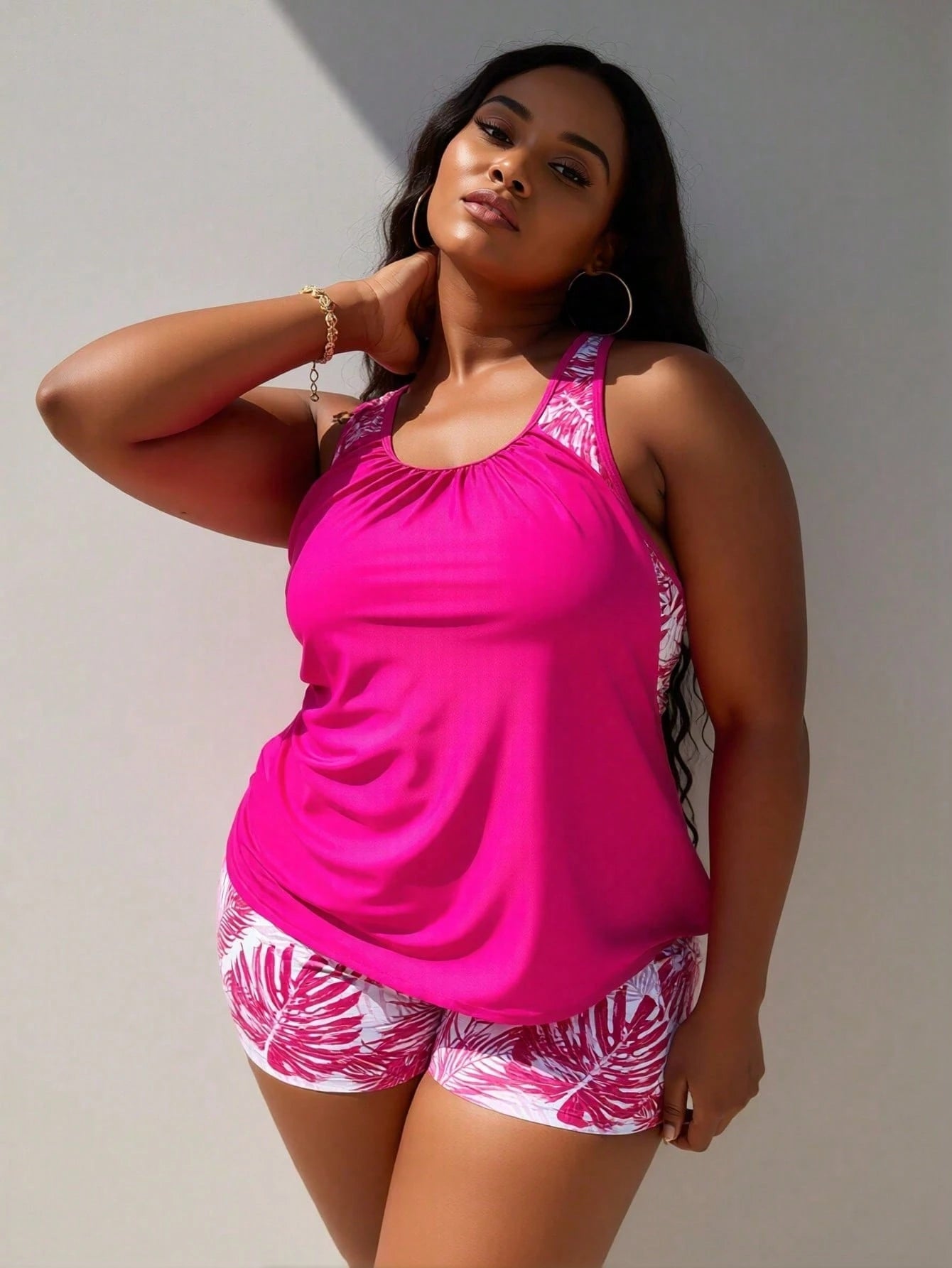 Plus Size Black Palm Leaf Print Racerback Tankini Swimsuits For Women