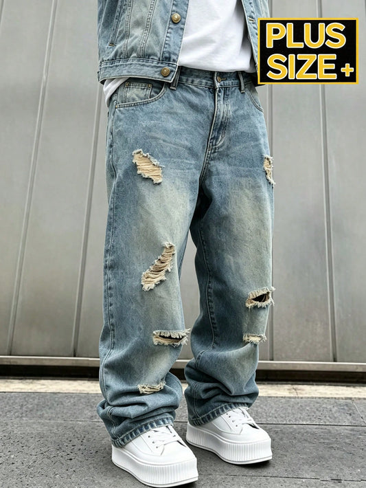 Plus Size Men's Baggy Ripped Jeans,Stacked Hem Loose Fit Straight Leg Pants, Y2K Streetwear Aesthetic, Casual Everyday Wear For Big And Tall Guys