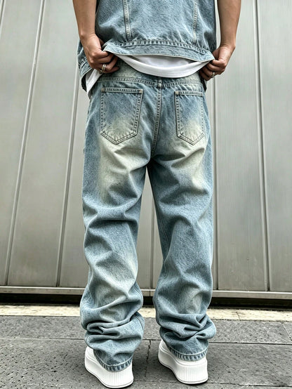 Plus Size Men's Baggy Ripped Jeans,Stacked Hem Loose Fit Straight Leg Pants, Y2K Streetwear Aesthetic, Casual Everyday Wear For Big And Tall Guys