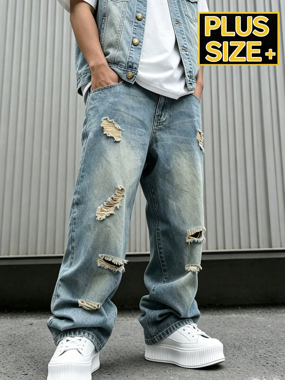 Plus Size Men's Baggy Ripped Jeans,Stacked Hem Loose Fit Straight Leg Pants, Y2K Streetwear Aesthetic, Casual Everyday Wear For Big And Tall Guys