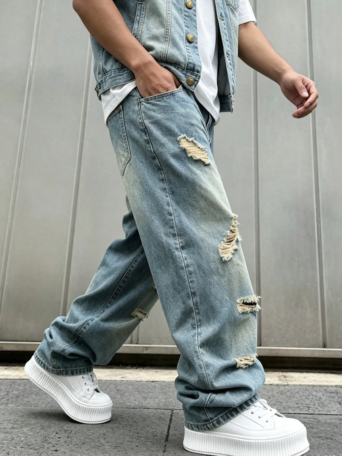 Plus Size Men's Baggy Ripped Jeans,Stacked Hem Loose Fit Straight Leg Pants, Y2K Streetwear Aesthetic, Casual Everyday Wear For Big And Tall Guys
