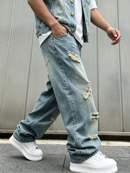 Plus Size Men's Baggy Ripped Jeans,Stacked Hem Loose Fit Straight Leg Pants, Y2K Streetwear Aesthetic, Casual Everyday Wear For Big And Tall Guys