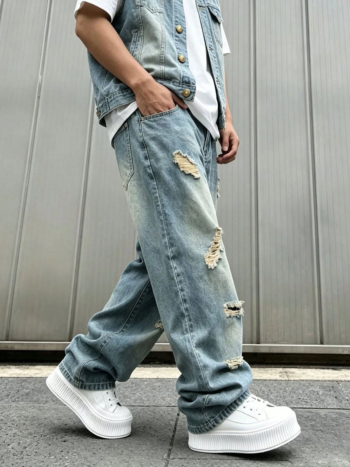 Plus Size Men's Baggy Ripped Jeans,Stacked Hem Loose Fit Straight Leg Pants, Y2K Streetwear Aesthetic, Casual Everyday Wear For Big And Tall Guys