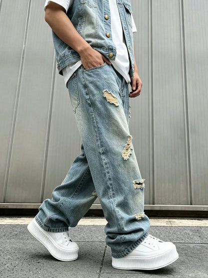 Plus Size Men's Baggy Ripped Jeans,Stacked Hem Loose Fit Straight Leg Pants, Y2K Streetwear Aesthetic, Casual Everyday Wear For Big And Tall Guys
