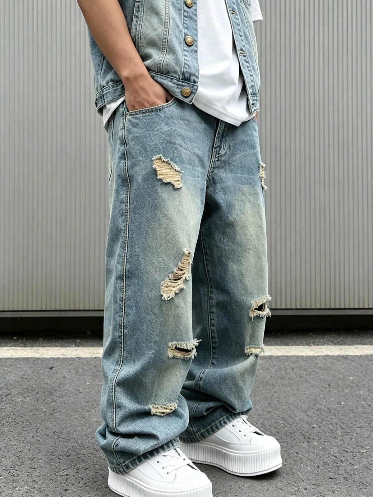 Plus Size Men's Baggy Ripped Jeans,Stacked Hem Loose Fit Straight Leg Pants, Y2K Streetwear Aesthetic, Casual Everyday Wear For Big And Tall Guys