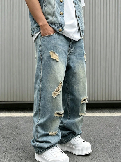 Plus Size Men's Baggy Ripped Jeans,Stacked Hem Loose Fit Straight Leg Pants, Y2K Streetwear Aesthetic, Casual Everyday Wear For Big And Tall Guys