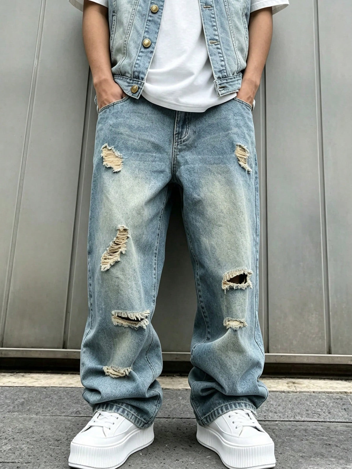Plus Size Men's Baggy Ripped Jeans,Stacked Hem Loose Fit Straight Leg Pants, Y2K Streetwear Aesthetic, Casual Everyday Wear For Big And Tall Guys