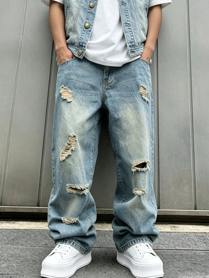 Plus Size Men's Baggy Ripped Jeans,Stacked Hem Loose Fit Straight Leg Pants, Y2K Streetwear Aesthetic, Casual Everyday Wear For Big And Tall Guys