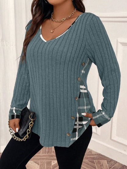 Plus Size Plaid Print V-Neck Ribbed Long Sleeve T-Shirt Graphic Tees Women Tops For Spring Fall For Women