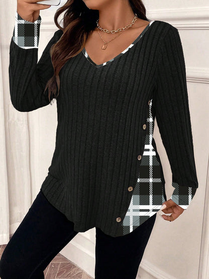 Plus Size Plaid Print V-Neck Ribbed Long Sleeve T-Shirt Graphic Tees Women Tops For Spring Fall For Women