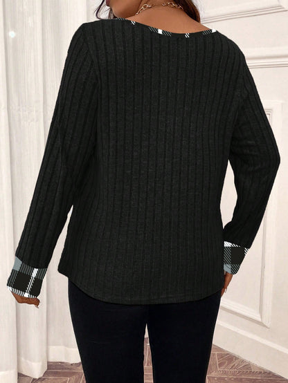 Plus Size Plaid Print V-Neck Ribbed Long Sleeve T-Shirt Graphic Tees Women Tops For Spring Fall For Women