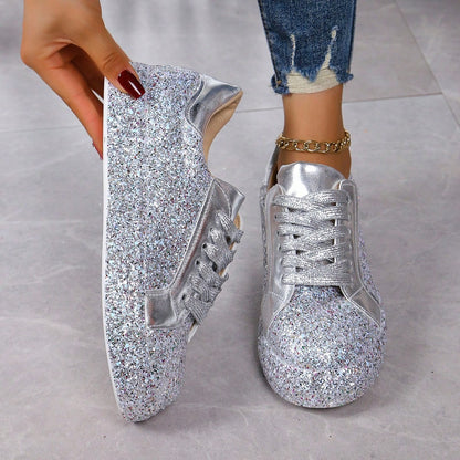 Plus-Size Sequin Women's Shoes With Front Lacing, New Fashion Low-Top Lace-Up Sneakers For Women