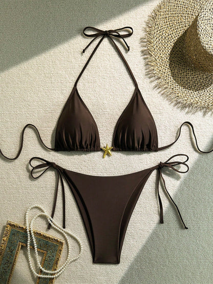 Plus Size Sexy Backless Bikini Set, Side Tie Bottom, High Elasticity Fabric, For Women Vacation Beach Summer Brown