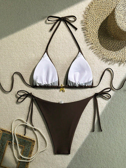 Plus Size Sexy Backless Bikini Set, Side Tie Bottom, High Elasticity Fabric, For Women Vacation Beach Summer Brown