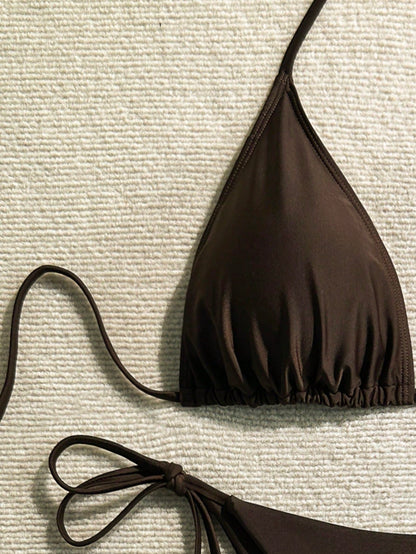 Plus Size Sexy Backless Bikini Set, Side Tie Bottom, High Elasticity Fabric, For Women Vacation Beach Summer Brown