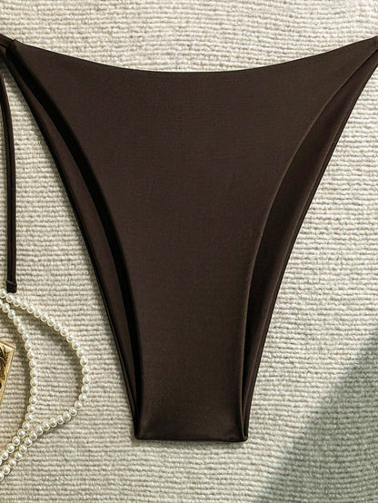 Plus Size Sexy Backless Bikini Set, Side Tie Bottom, High Elasticity Fabric, For Women Vacation Beach Summer Brown