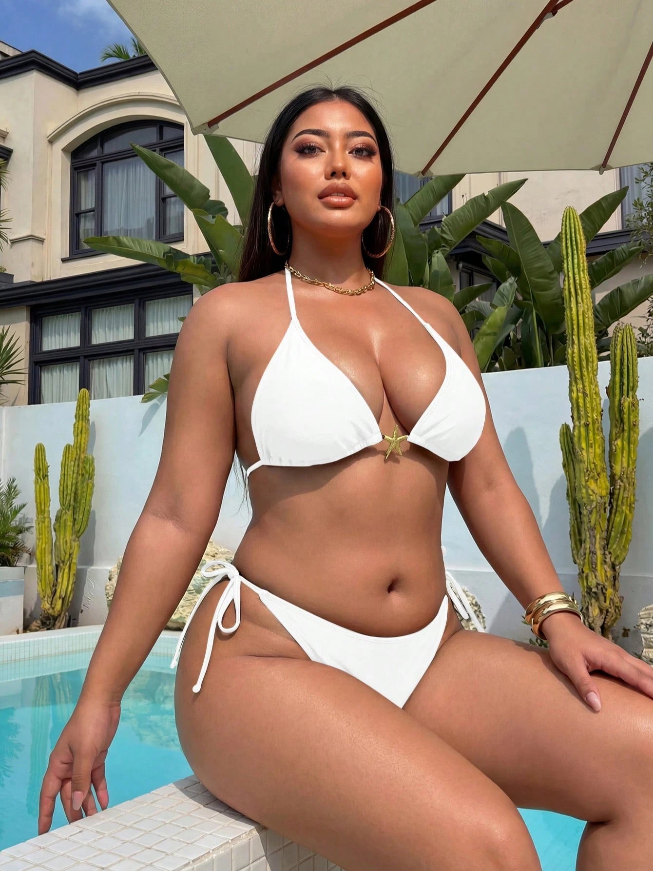 Plus Size Sexy Backless Bikini Set, Side Tie Bottom, High Elasticity Fabric, For Women Vacation Beach Summer Brown