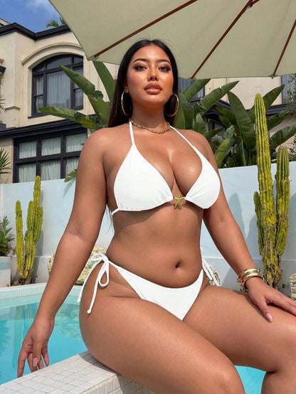 Plus Size Sexy Backless Bikini Set, Side Tie Bottom, High Elasticity Fabric, For Women Vacation Beach Summer Brown