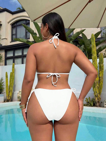Plus Size Sexy Backless Bikini Set, Side Tie Bottom, High Elasticity Fabric, For Women Vacation Beach Summer Brown