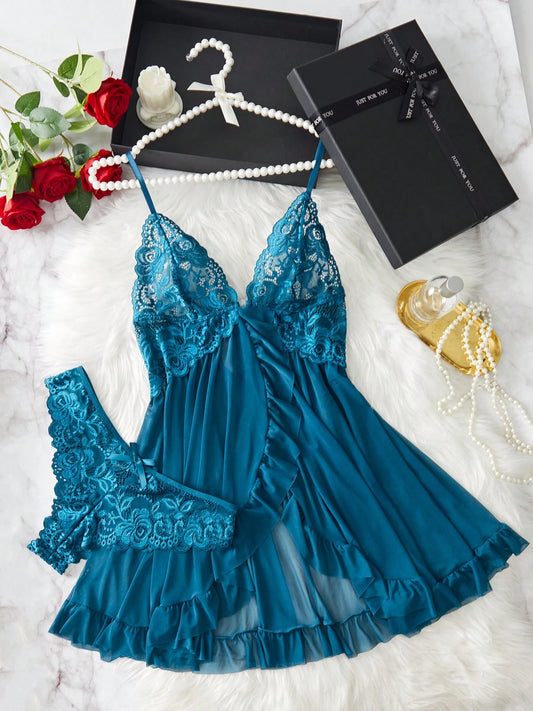 Plus Size Sexy Lace Mesh Patchwork Ruffles Front Slit Adjustable Strap Dress Set