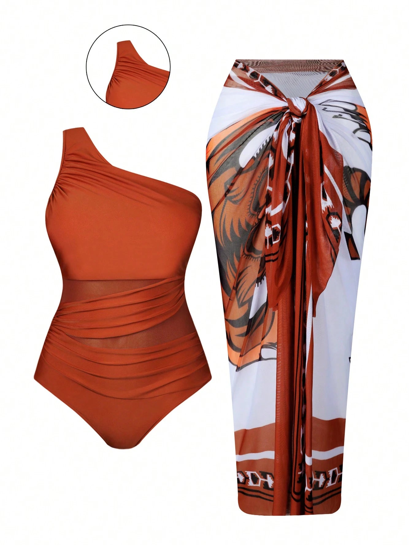 Plus Size Women's 2-Piece High-End Oasis Swimsuit Set, Featuring A Camel Colored Ruched Mesh Splice One-Piece Swimsuit Paired With A Placement Tiger Print Mesh Skirt, Suitable For Summer Beach Vacatio