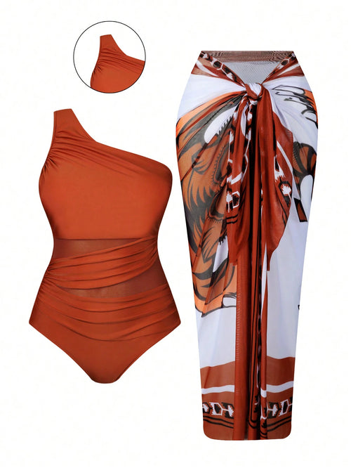 Plus Size Women's 2-Piece High-End Oasis Swimsuit Set, Featuring A Camel Colored Ruched Mesh Splice One-Piece Swimsuit Paired With A Placement Tiger Print Mesh Skirt, Suitable For Summer Beach Vacatio