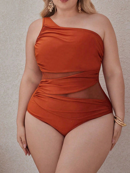 Plus Size Women's 2-Piece High-End Oasis Swimsuit Set, Featuring A Camel Colored Ruched Mesh Splice One-Piece Swimsuit Paired With A Placement Tiger Print Mesh Skirt, Suitable For Summer Beach Vacatio