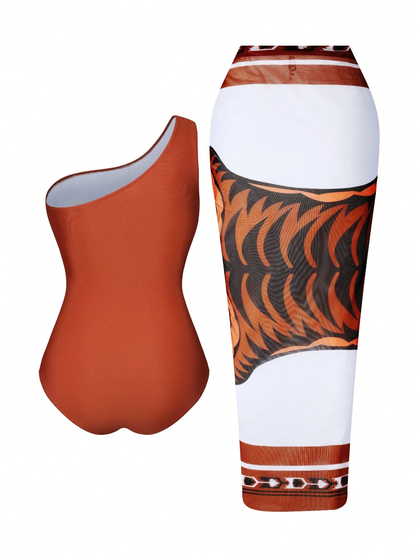 Plus Size Women's 2-Piece High-End Oasis Swimsuit Set, Featuring A Camel Colored Ruched Mesh Splice One-Piece Swimsuit Paired With A Placement Tiger Print Mesh Skirt, Suitable For Summer Beach Vacatio