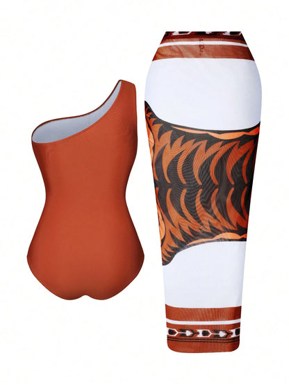 Plus Size Women's 2-Piece High-End Oasis Swimsuit Set, Featuring A Camel Colored Ruched Mesh Splice One-Piece Swimsuit Paired With A Placement Tiger Print Mesh Skirt, Suitable For Summer Beach Vacatio