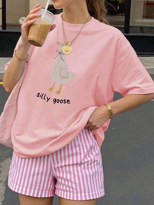 Plus Size Women's Casual Loose Goose Print Round Neck Short Sleeve Summer Top, Graphic Vacation Tee Pink