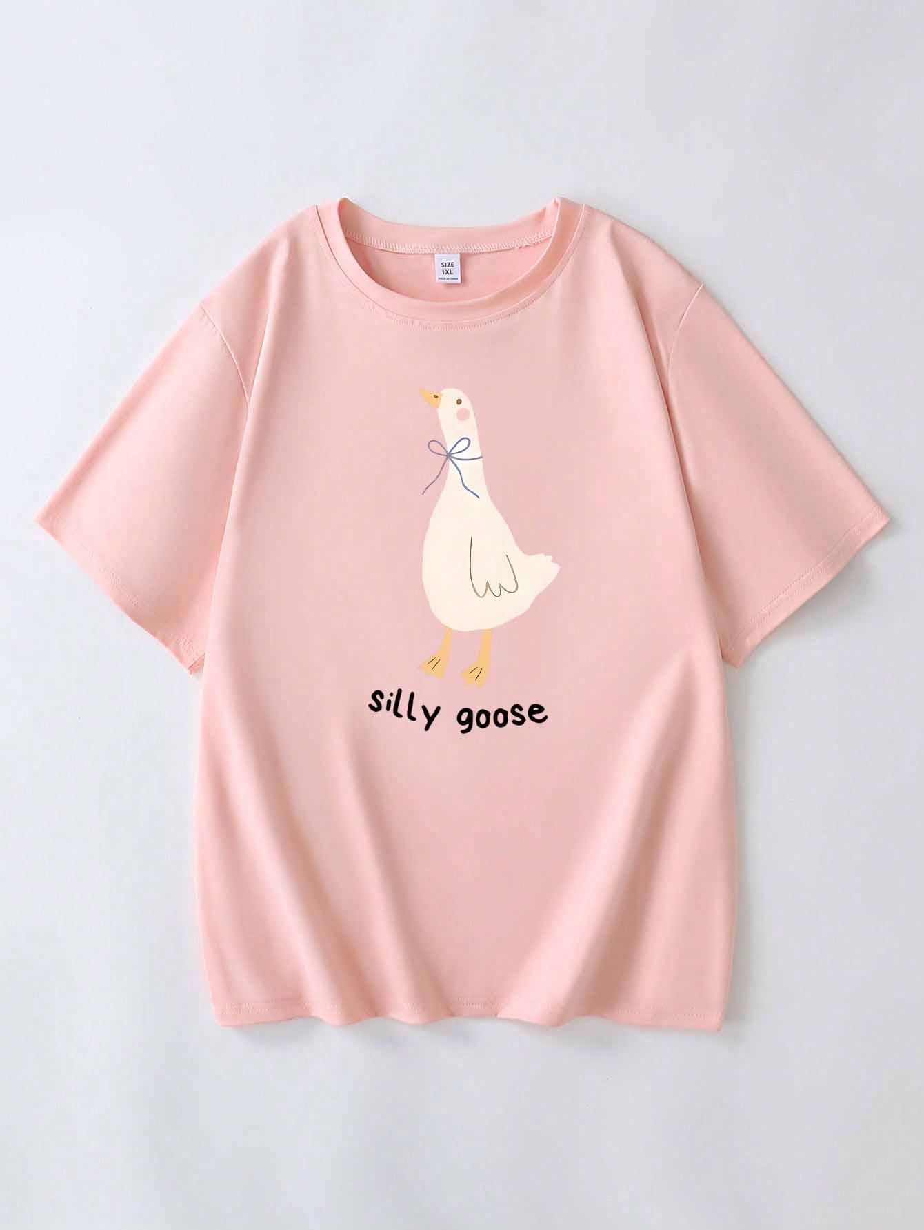 Plus Size Women's Casual Loose Goose Print Round Neck Short Sleeve Summer Top, Graphic Vacation Tee Pink