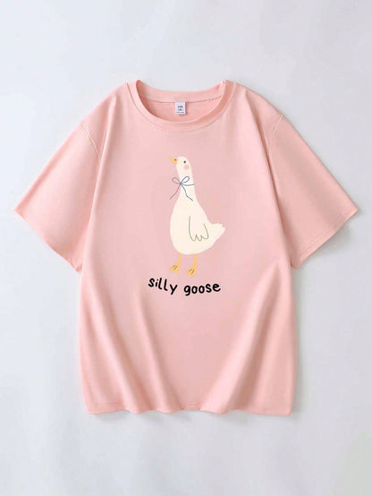 Plus Size Women's Casual Loose Goose Print Round Neck Short Sleeve Summer Top, Graphic Vacation Tee Pink