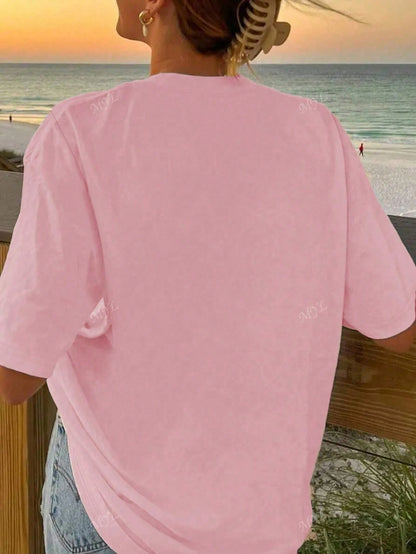 Plus Size Women's Casual Loose Goose Print Round Neck Short Sleeve Summer Top, Graphic Vacation Tee Pink