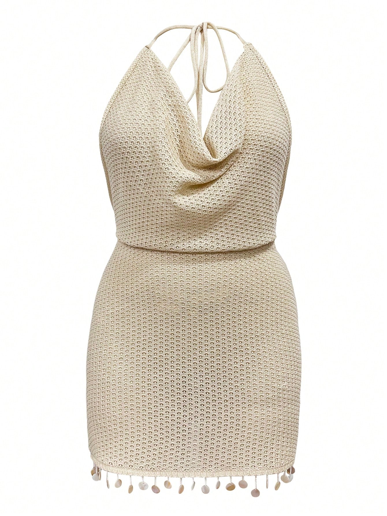 Plus Size Women's European & American Summer 2026 New Elegant Sexy Bohemian Hollow Out Sheer Cowl Neck Shell Tassel Backless Sleeveless Draped Neck Vacation