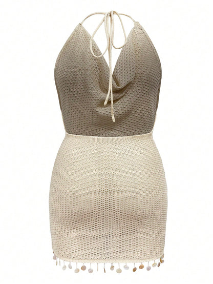 Plus Size Women's European & American Summer 2026 New Elegant Sexy Bohemian Hollow Out Sheer Cowl Neck Shell Tassel Backless Sleeveless Draped Neck Vacation
