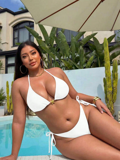 Plus Size Women's Halter Bikini Top And Tie-Front Bikini Bottom Sexy High Elasticity White Swimwear Vacation Beach Summer