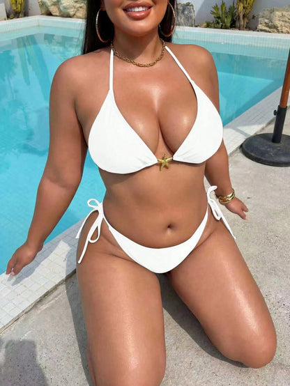 Plus Size Women's Halter Bikini Top And Tie-Front Bikini Bottom Sexy High Elasticity White Swimwear Vacation Beach Summer