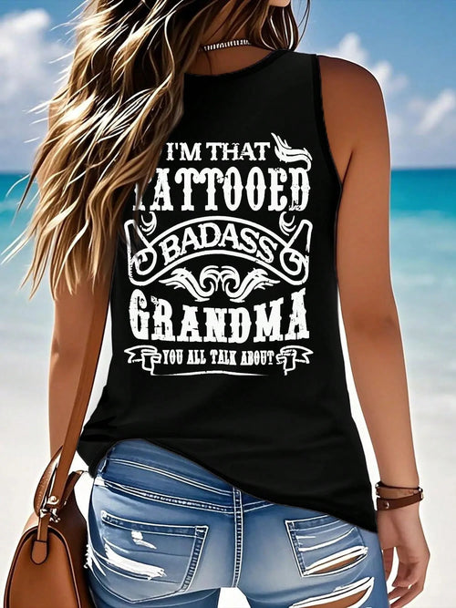 Plus Size-Women's "I'm That Tattooed Tough Grandma" Tank Top- Slim Fit Breathable Yoga Shirt, Summer Fitness Casual Sleeveless Top-1XL-5XL
