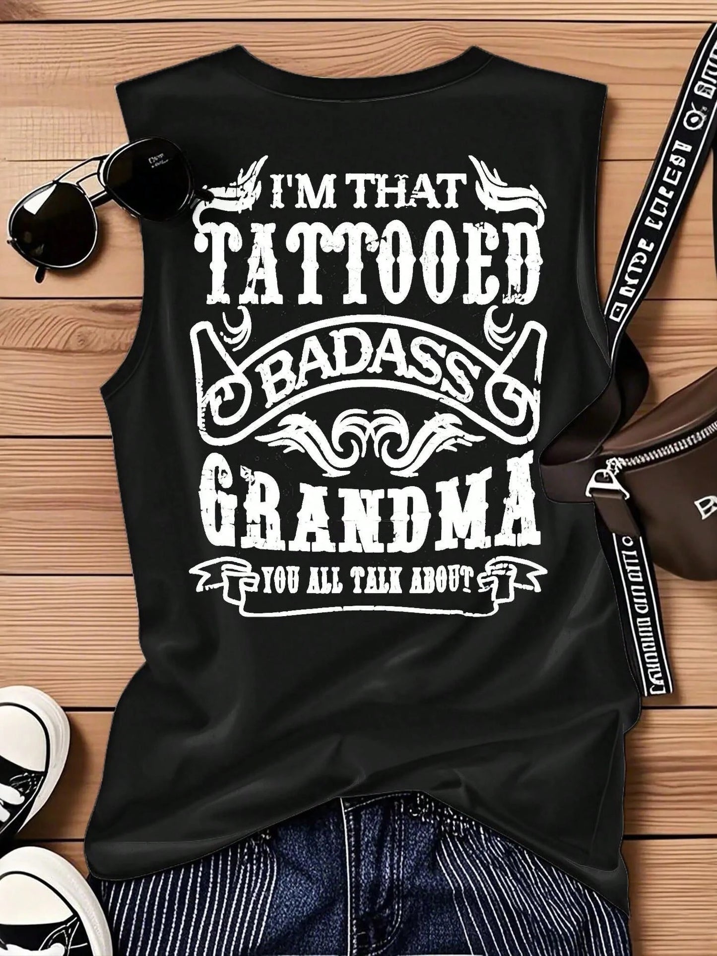 Plus Size-Women's "I'm That Tattooed Tough Grandma" Tank Top- Slim Fit Breathable Yoga Shirt, Summer Fitness Casual Sleeveless Top-1XL-5XL