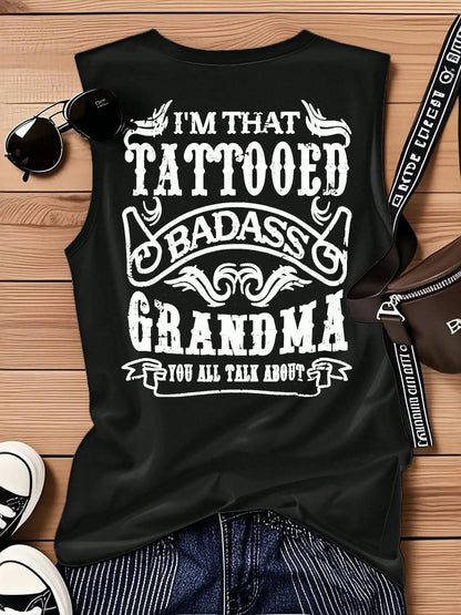 Plus Size-Women's "I'm That Tattooed Tough Grandma" Tank Top- Slim Fit Breathable Yoga Shirt, Summer Fitness Casual Sleeveless Top-1XL-5XL