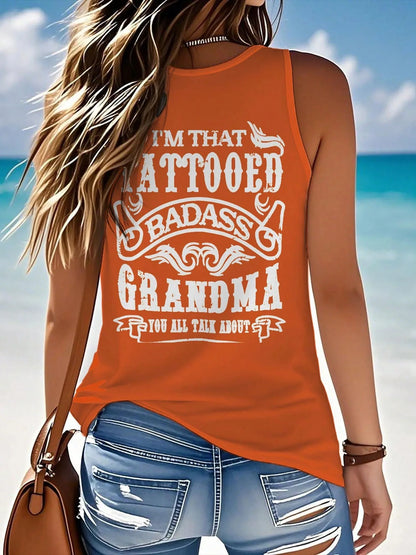 Plus Size-Women's "I'm That Tattooed Tough Grandma" Tank Top- Slim Fit Breathable Yoga Shirt, Summer Fitness Casual Sleeveless Top-1XL-5XL