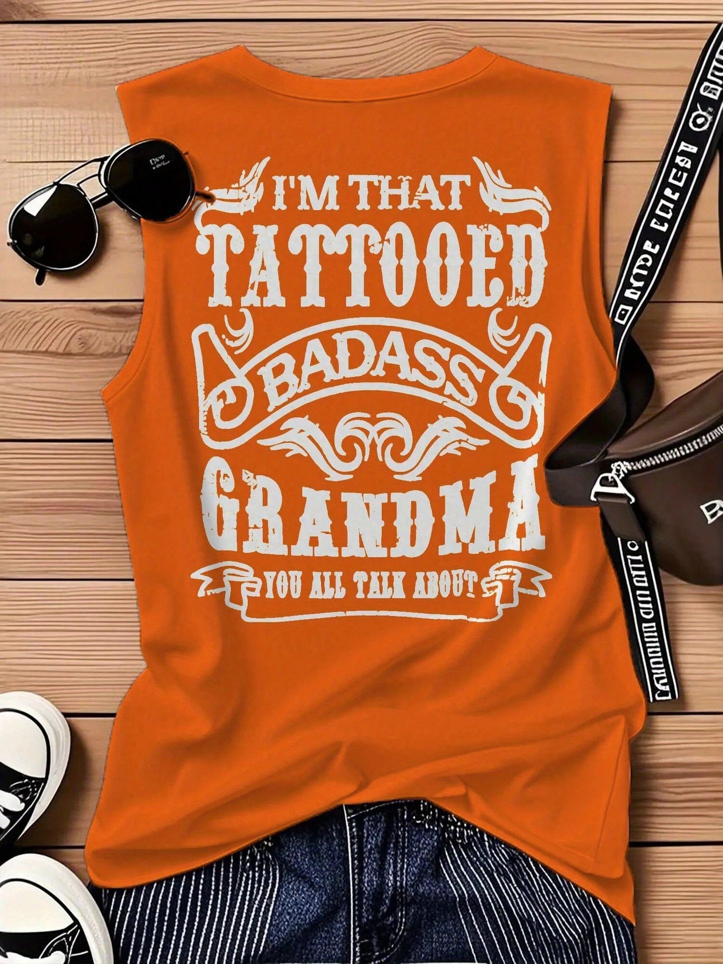 Plus Size-Women's "I'm That Tattooed Tough Grandma" Tank Top- Slim Fit Breathable Yoga Shirt, Summer Fitness Casual Sleeveless Top-1XL-5XL