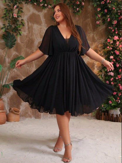 Plus Size Women's V-Neck Ruffle Sleeve Backless Chiffon Bridesmaid Dress, Wedding Guest Cocktail Dress