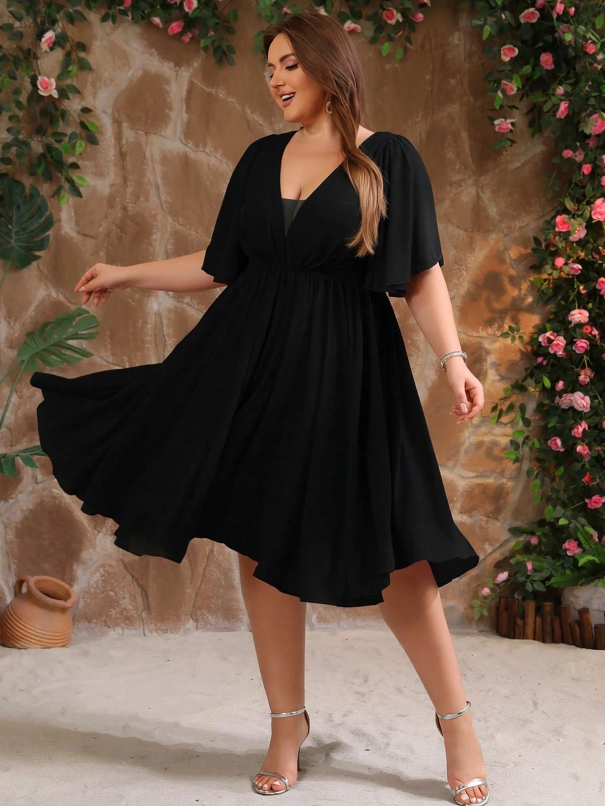 Plus Size Women's V-Neck Ruffle Sleeve Backless Chiffon Bridesmaid Dress, Wedding Guest Cocktail Dress
