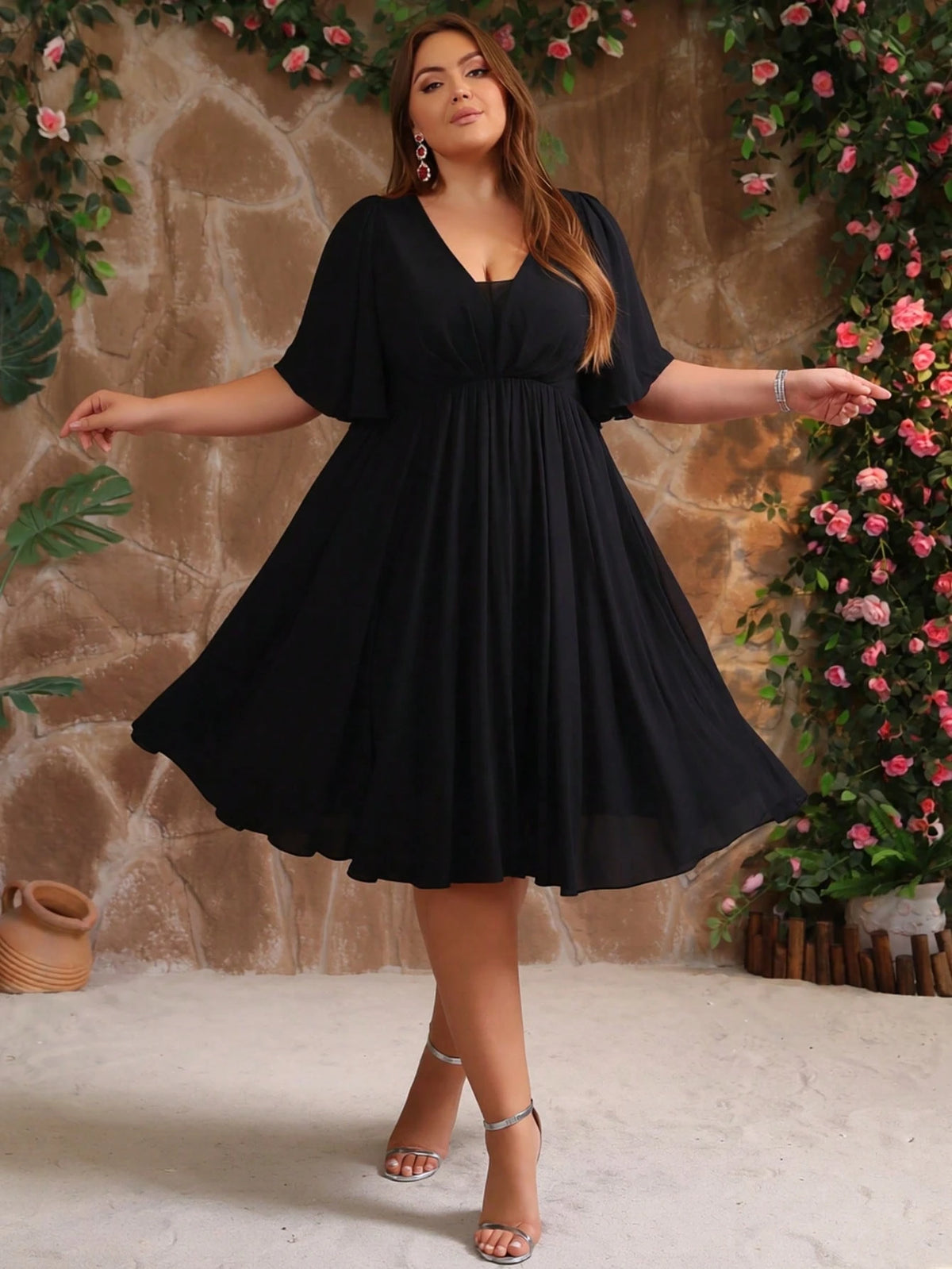 Plus Size Women's V-Neck Ruffle Sleeve Backless Chiffon Bridesmaid Dress, Wedding Guest Cocktail Dress