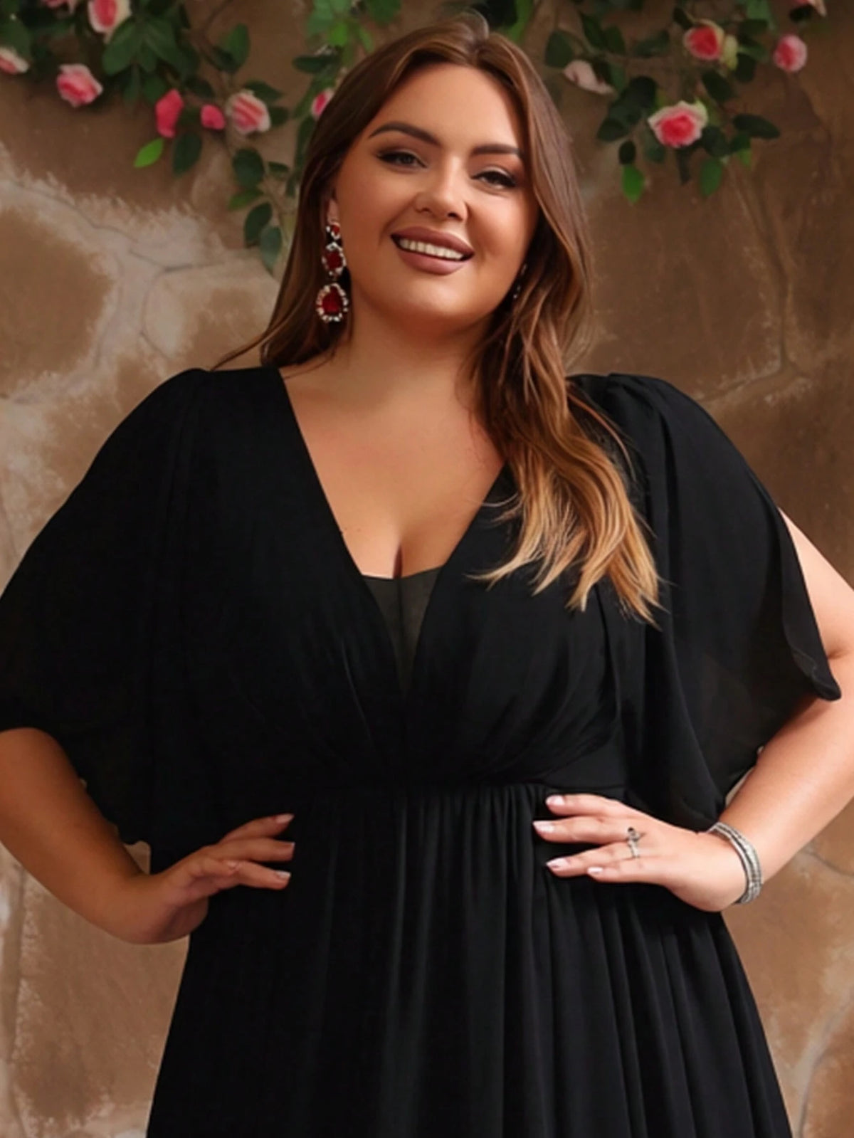 Plus Size Women's V-Neck Ruffle Sleeve Backless Chiffon Bridesmaid Dress, Wedding Guest Cocktail Dress