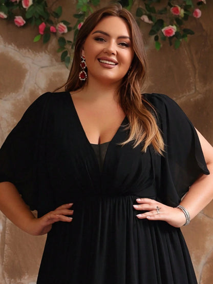 Plus Size Women's V-Neck Ruffle Sleeve Backless Chiffon Bridesmaid Dress, Wedding Guest Cocktail Dress