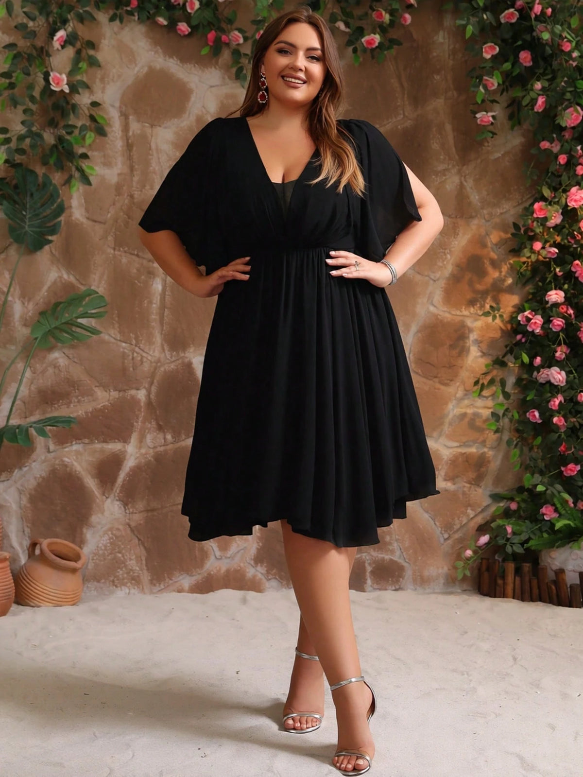 Plus Size Women's V-Neck Ruffle Sleeve Backless Chiffon Bridesmaid Dress, Wedding Guest Cocktail Dress