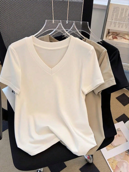 Plus Size Women Short Sleeve V-Neck Solid Color Casual Everyday T-Shirt